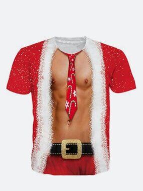 Men’s 3XL Funny Shirtless Santa Christmas T-Shirt Candy Cane Tie.   (G)